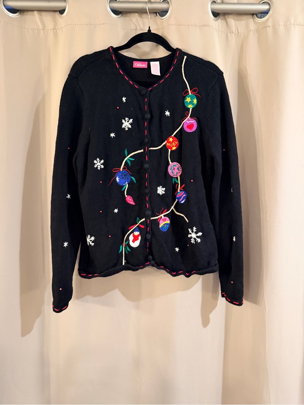 Pappagallo Vintage Black Festive Embroidered Ornament Cardigan